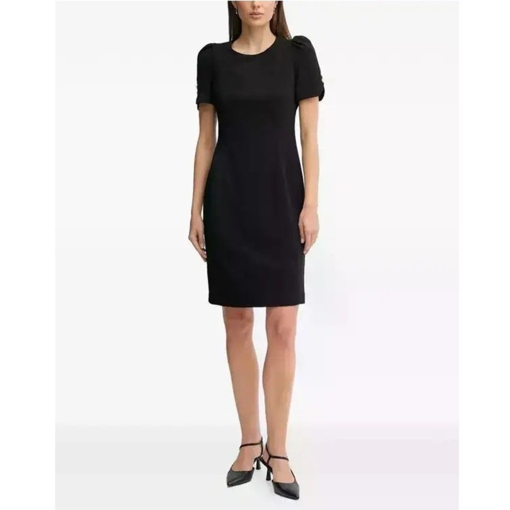 DKNY Black Puff Sleeve Sheath Dress‎ Gold Button Detail DD3I166A Size 6